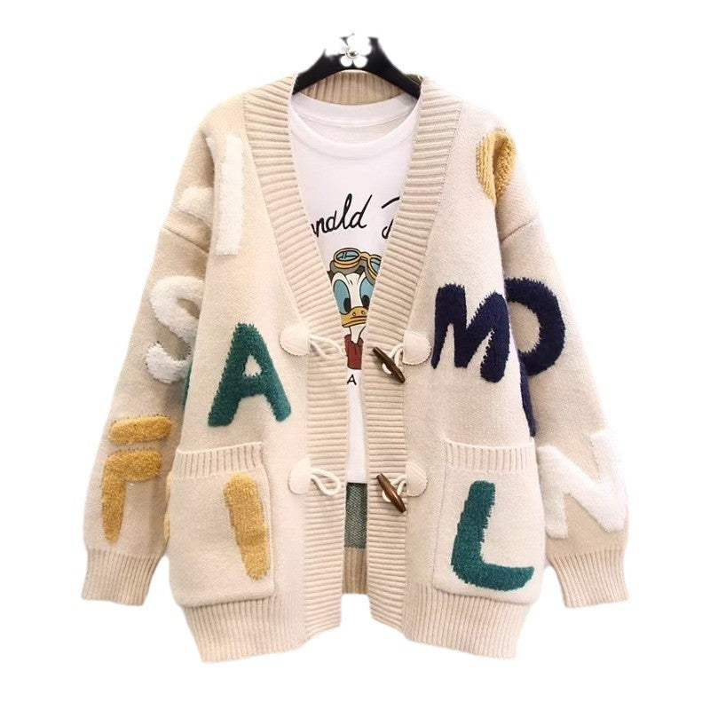 Damen Grobstrick-Cardigan mit bunten Applikationen und großen Taschen Drune