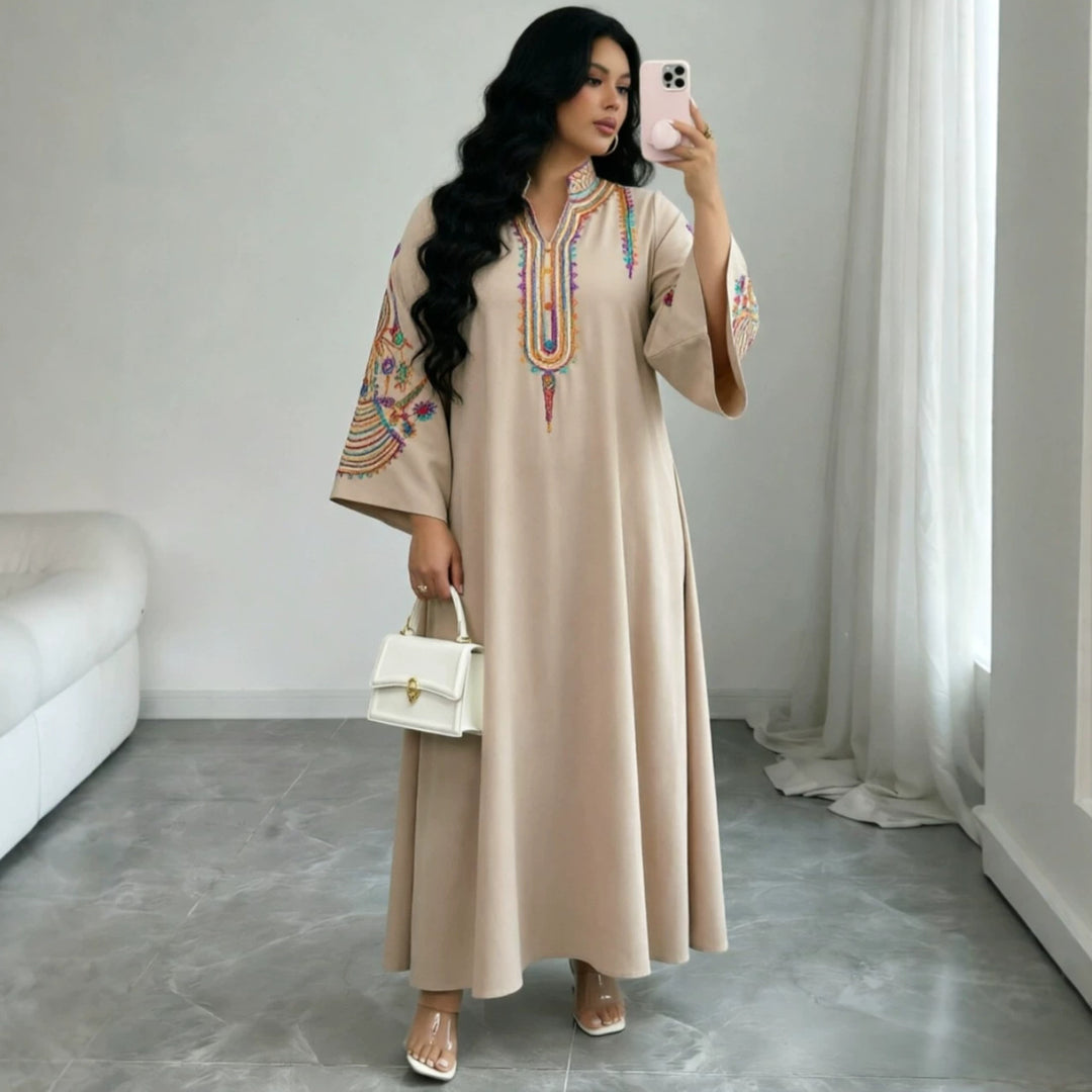 Damen Besticktes Maxikleid im Kaftan-Stil mit Stehkragen und Glockenärmeln Drune