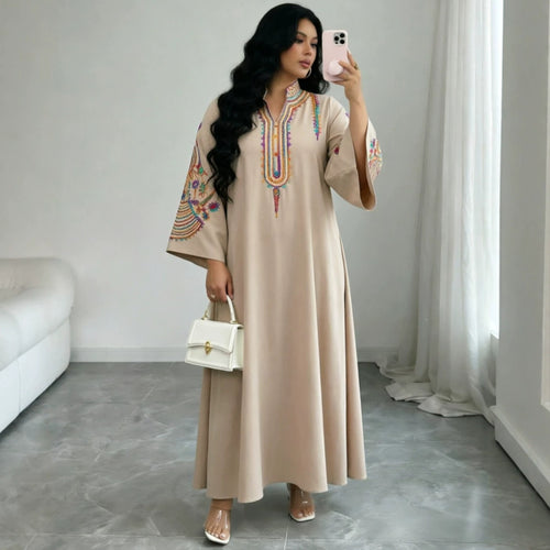 Damen Besticktes Maxikleid im Kaftan-Stil mit Stehkragen und Glockenärmeln Drune
