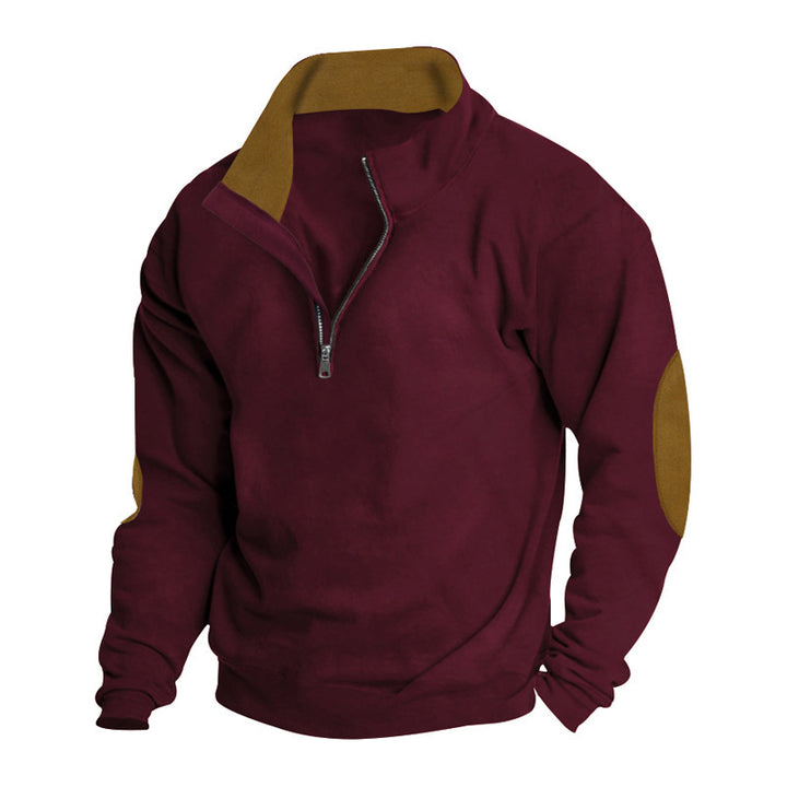 Herren nan Komfort-Pullover mit kurzem Reißverschluss, Stehkragen, verstärkten Ellenbogenbesätzen und angerautem Innenfutter Drune