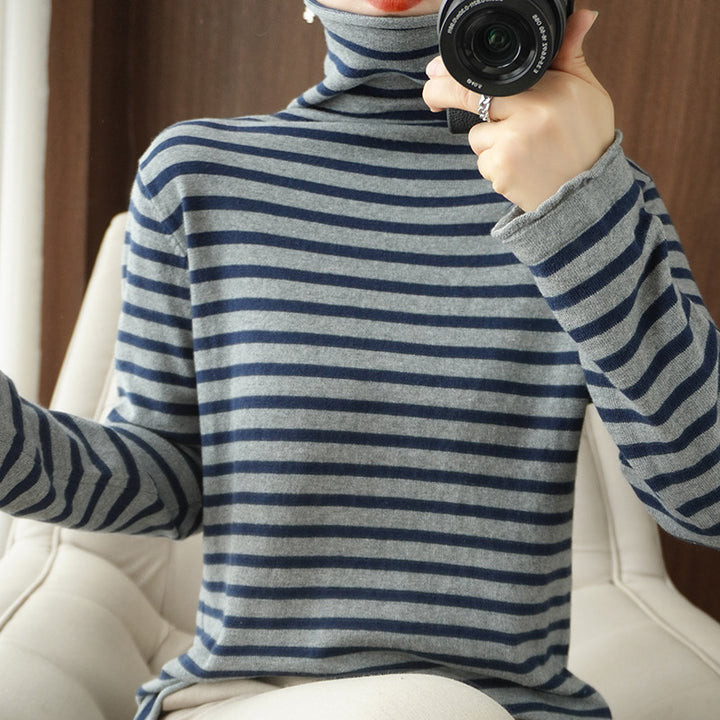 Damen Maritimer Feinstrick-Turtleneck mit feinem Streifenmuster und schlanker Passform Drune