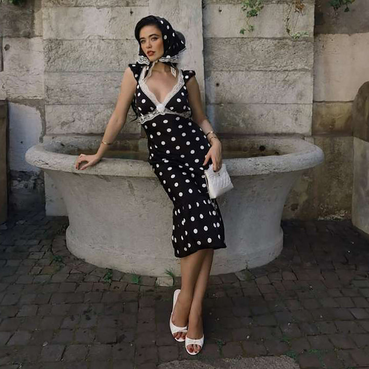 Damen Figurbetontes Polka-Dot Kleid mit Spitzenapplikation Drune