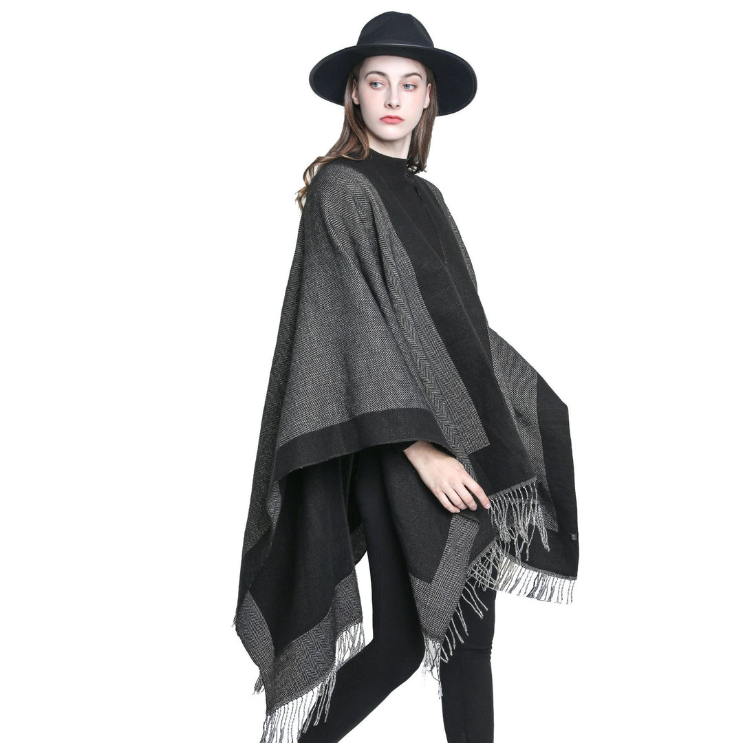 Damen Ruana‑Poncho mit Fransensaum und Fischgrät‑Webstruktur Drune