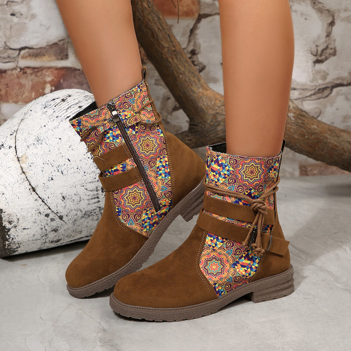 Damen nan knöchelhohe Velourslederoptik-Stiefelette mit Leopardenprint-Falte, seitlichem Reißverschluss und dekorativer Schnalle Drune