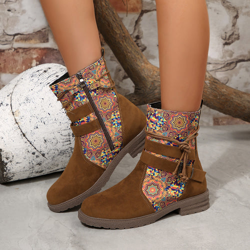 Damen nan knöchelhohe Velourslederoptik-Stiefelette mit Leopardenprint-Falte, seitlichem Reißverschluss und dekorativer Schnalle Drune