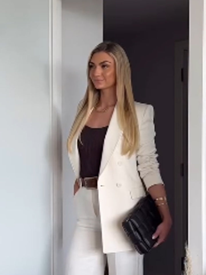 Damen Figurnaher Doppelreihiger Longblazer mit leichtem Schulterpolster und cleanem Revers Drune