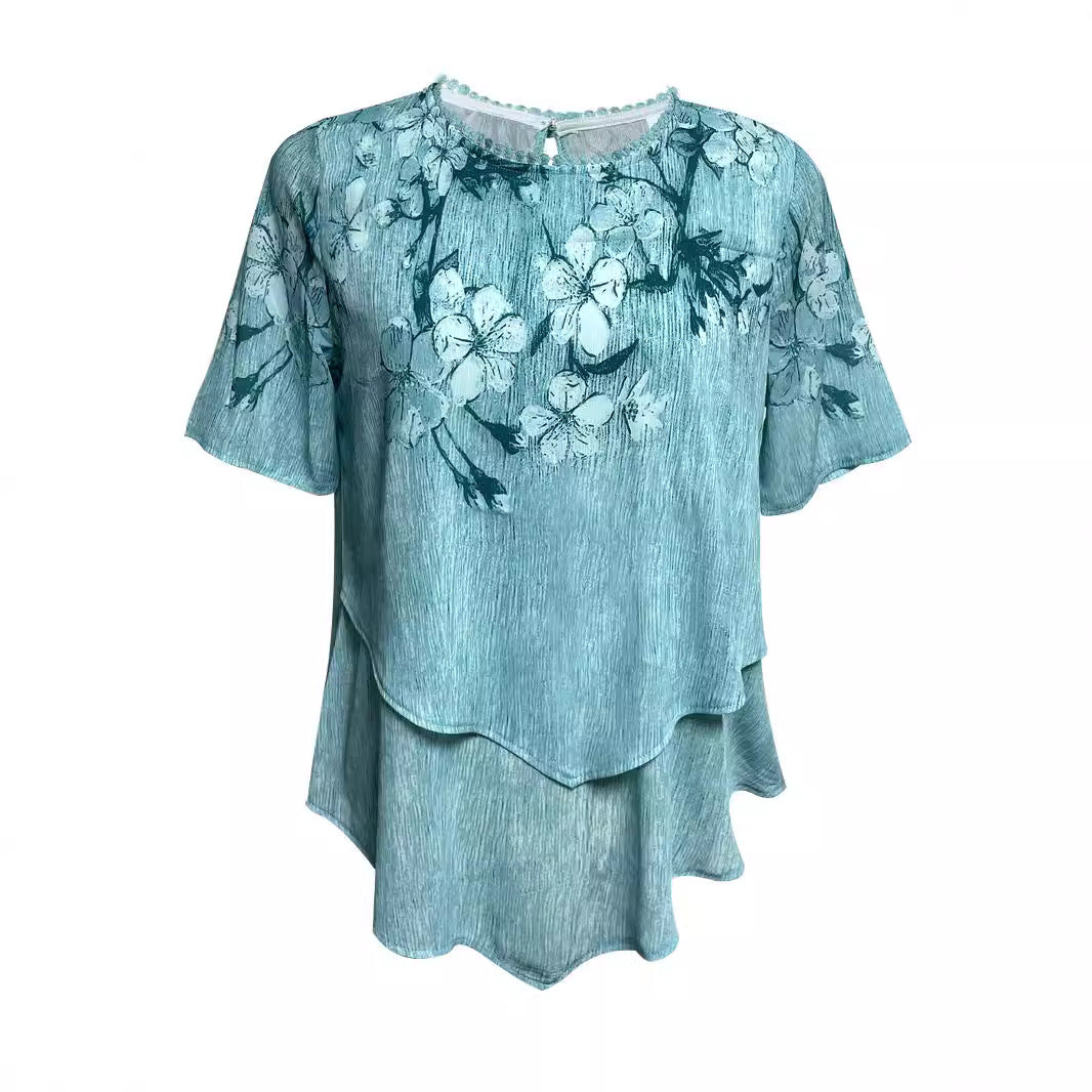 Damen nan zweilagiges Blusenkleid mit asymmetrischem Stufensaum, floraler Druckpasse und Flügelärmeln Drune