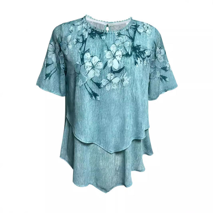 Damen nan zweilagiges Blusenkleid mit asymmetrischem Stufensaum, floraler Druckpasse und Flügelärmeln Drune