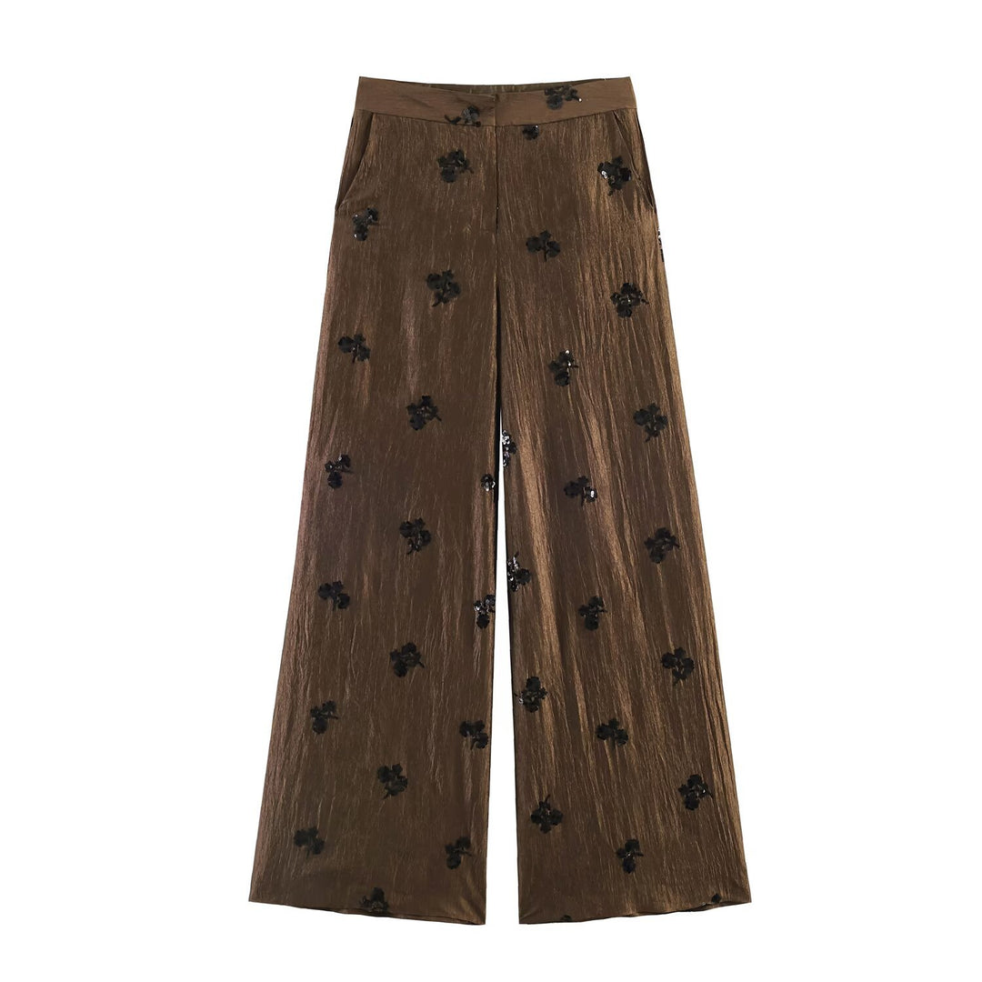 Damen 20+ weite Palazzo‑Hose mit hoher Taille, Crinkle‑Effekt und bestickten Paillettenapplikationen Drune