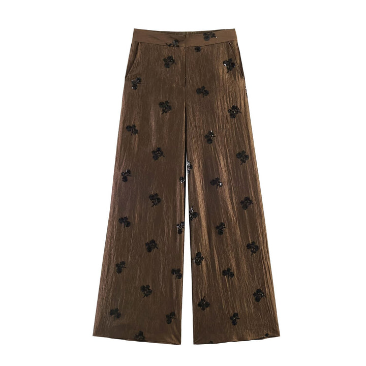 Damen 20+ weite Palazzo‑Hose mit hoher Taille, Crinkle‑Effekt und bestickten Paillettenapplikationen Drune