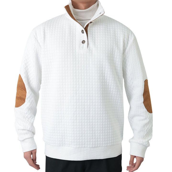 Herren Waffelstrick-Halbzip-Pullover mit Stehkragen Lederbesatz und Ellbogenpatches Drune