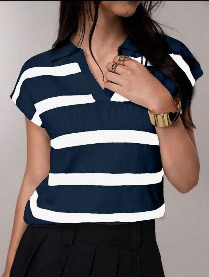 Damen Gestreiftes Kurzarm-Stricktop mit V-Kragen und überschnittener Schulter Drune