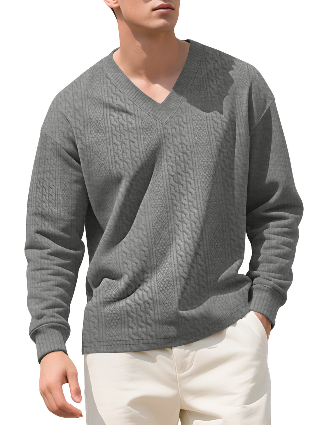Herren nan strukturierter V-Ausschnitt Strickpullover mit Kabel- und Wabenmuster Drune