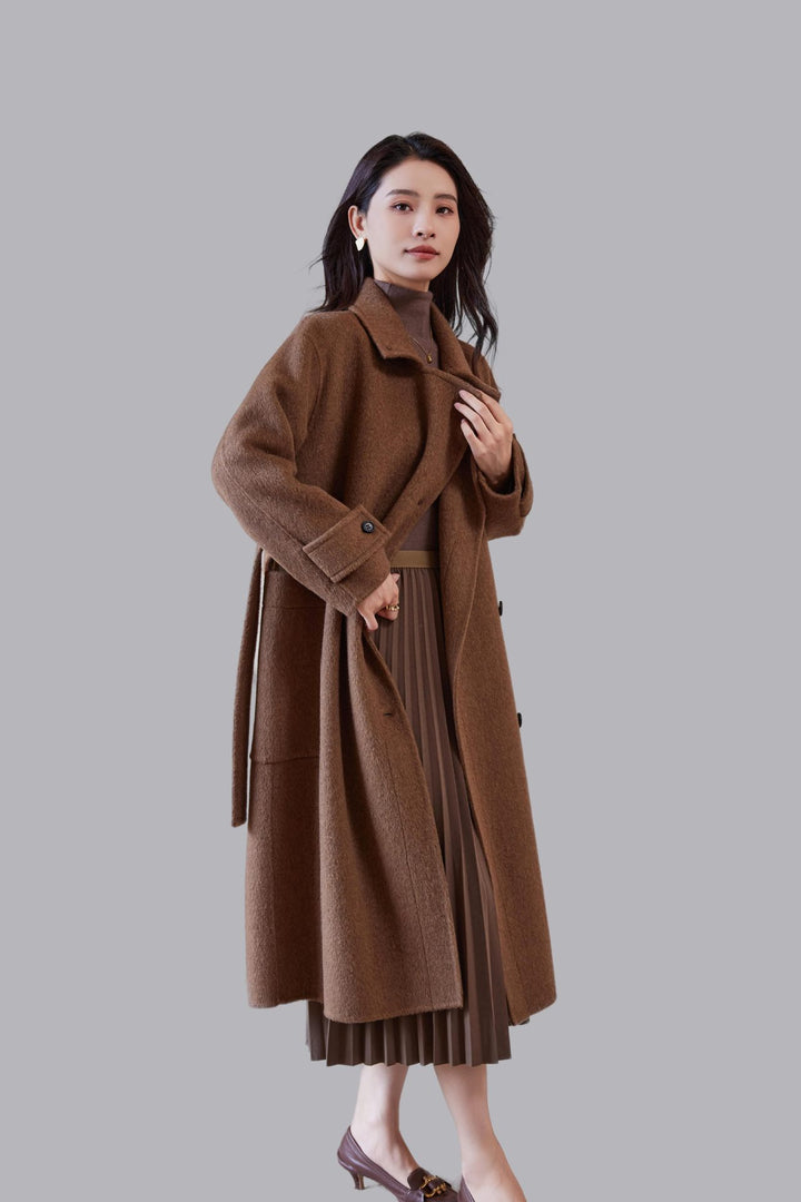 Damen Oversize Wollmantel mit Bindegürtel und weitem Revers Drune