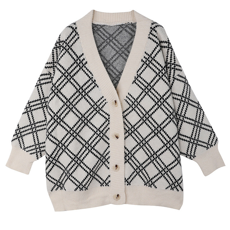 Damen bequeme Strickjacke mit klassischem Karomuster und Holzknöpfen Drune