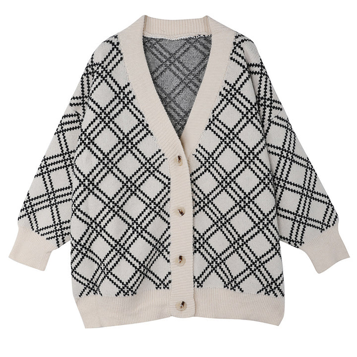 Damen bequeme Strickjacke mit klassischem Karomuster und Holzknöpfen Drune