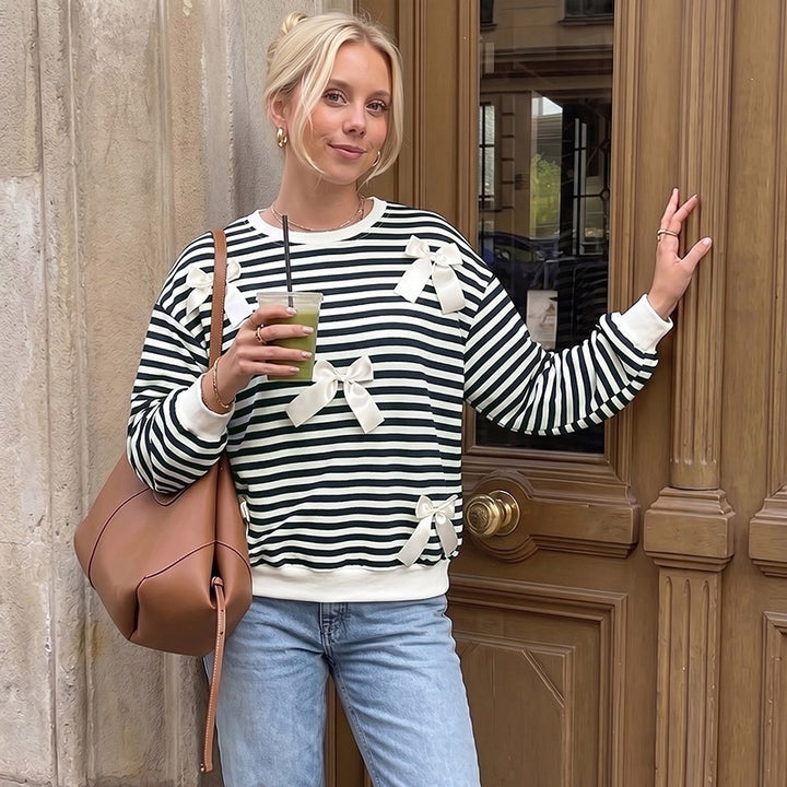 Damen Gestreifter Pullover mit Schleifendetails Drune