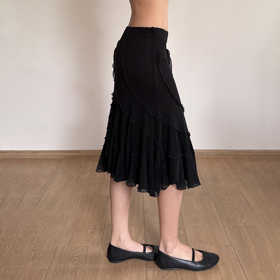 Damen Midirock aus Chiffon mit Lagen, asymmetrischen Nahtbahnen und Ziergürtel Drune
