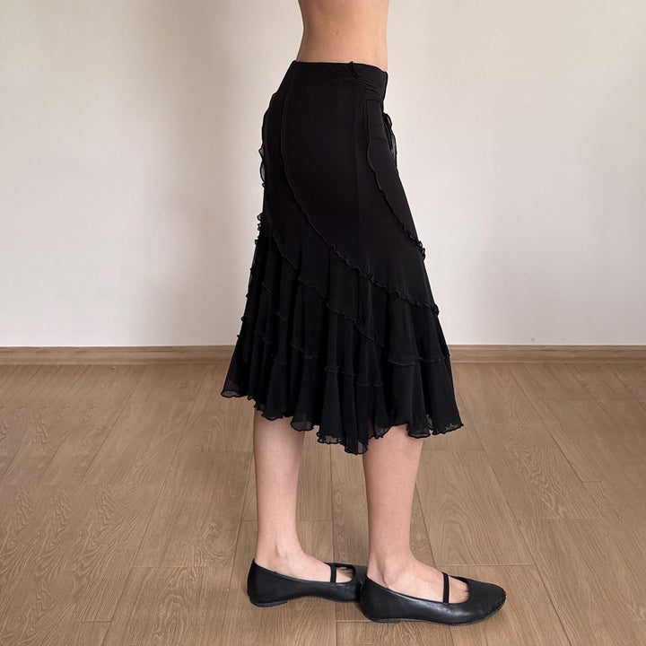 Damen Midirock aus Chiffon mit Lagen, asymmetrischen Nahtbahnen und Ziergürtel Drune