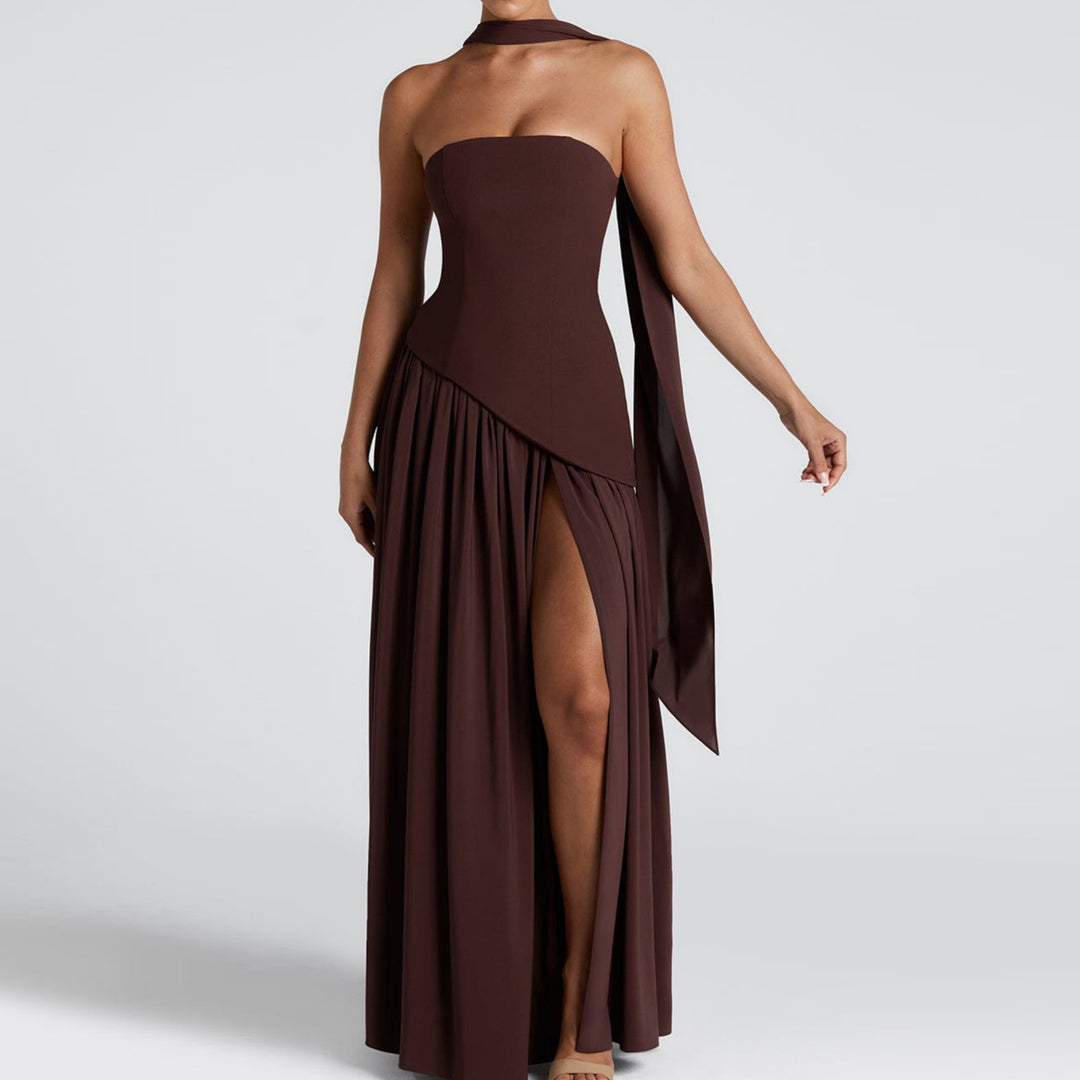 Damen Maxi-Kleid mit elegantem schulterfreiem Design und asymmetrischem Schnitt Drune