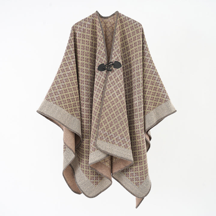 Damen Wollponcho mit geometrischem Karomuster und Knebelverschluss Drune
