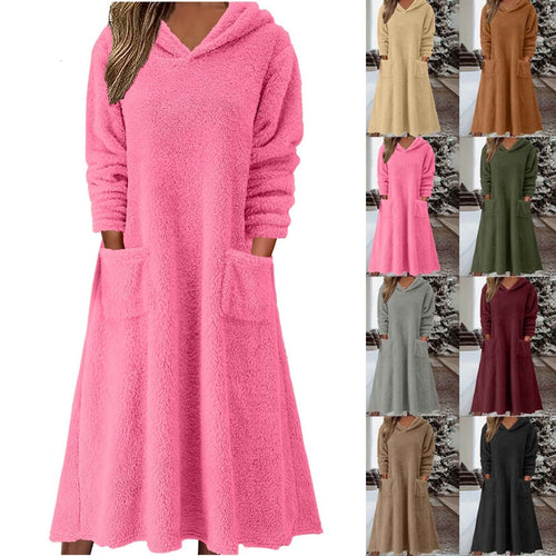 Damen Kuscheliger Fleece-Kleid mit Kapuze und praktischen Taschen Drune