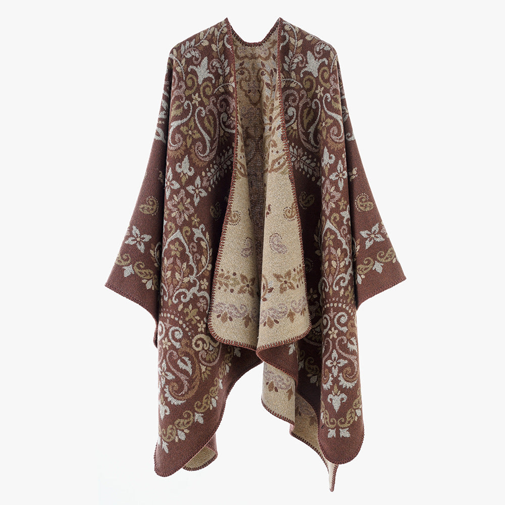 Damen Reversibler Ornamentaler Capeponcho mit feiner Jacquardstruktur Drune