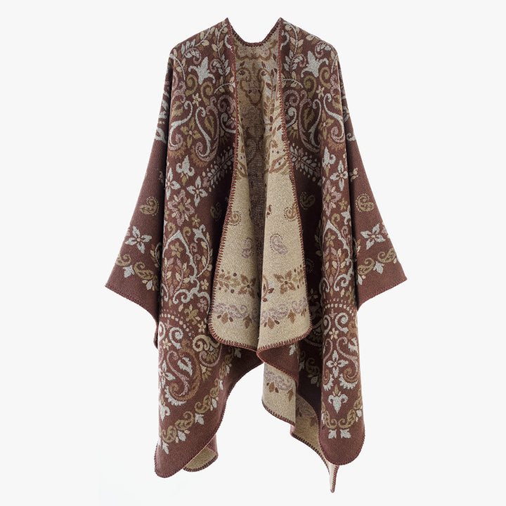Damen Reversibler Ornamentaler Capeponcho mit feiner Jacquardstruktur Drune