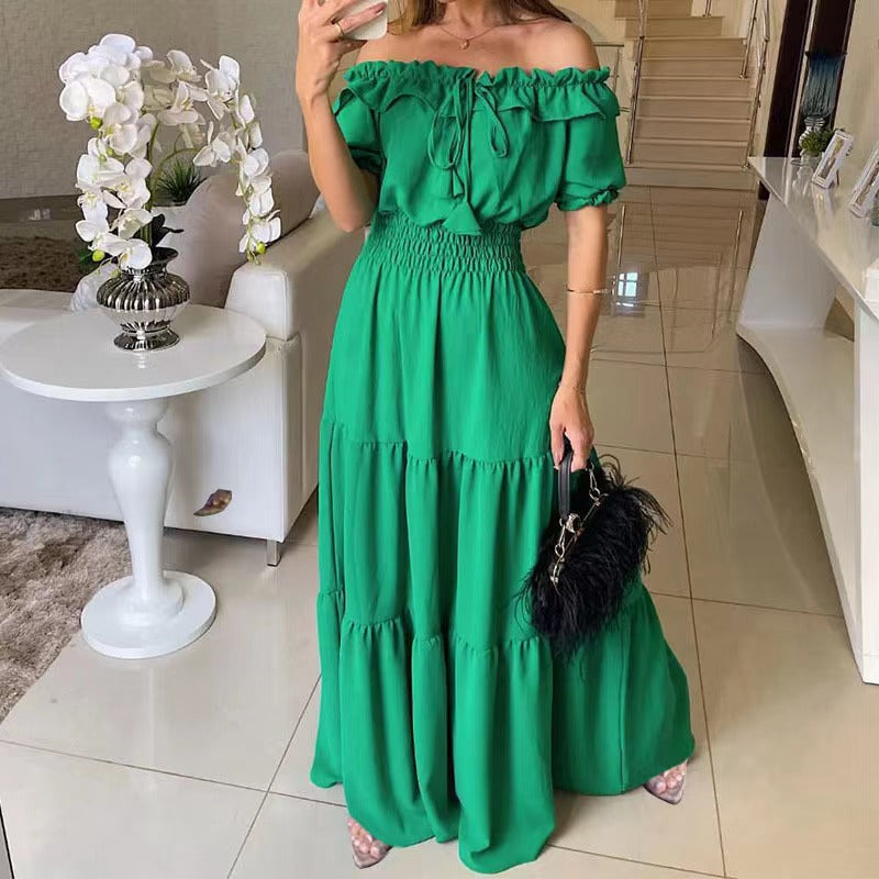 Damen Maxikleid mit schulterfreiem Design und voluminösen Rüschen Drune