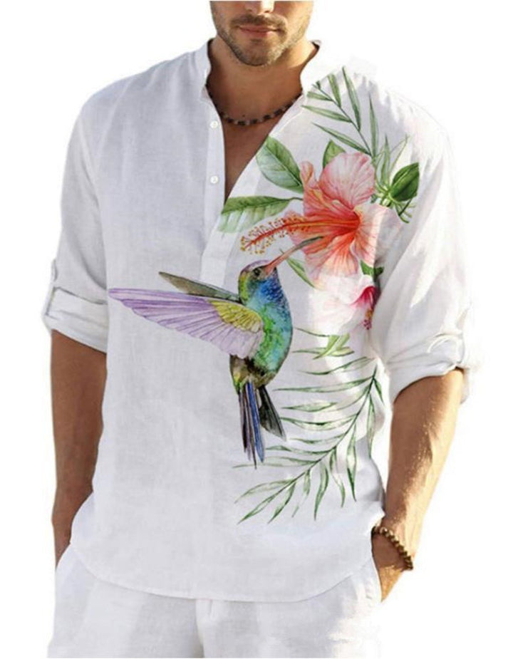 Herren Leinenhemd mit einzigartigem Federdesign und modischem Henley-Ausschnitt Drune