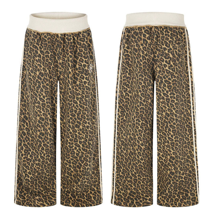 Damen weite Palazzo-Jogginghose mit Leopardenprint und elastischem Rippbund Drune