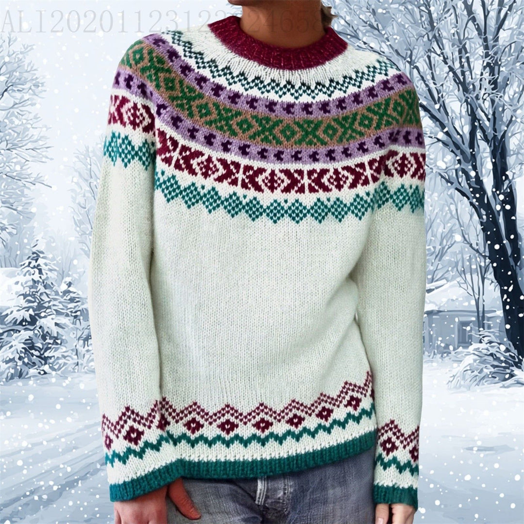 Damen nan melierter Rundhalsausschnittpullover mit kreisförmigem Jacquard-Yoke und geripptem Saum Drune