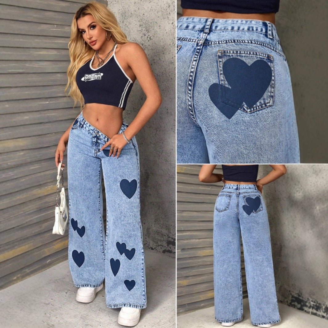 Damen weite Jeans mit Herzen-Applikationen Drune