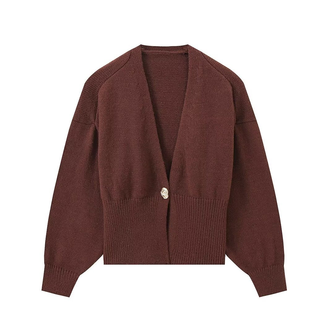 Damen Kurze V‑Ausschnitt Strickjacke mit Ballonärmeln und Zierknopf Drune