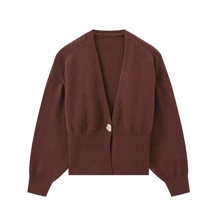 Damen Kurze V‑Ausschnitt Strickjacke mit Ballonärmeln und Zierknopf Drune