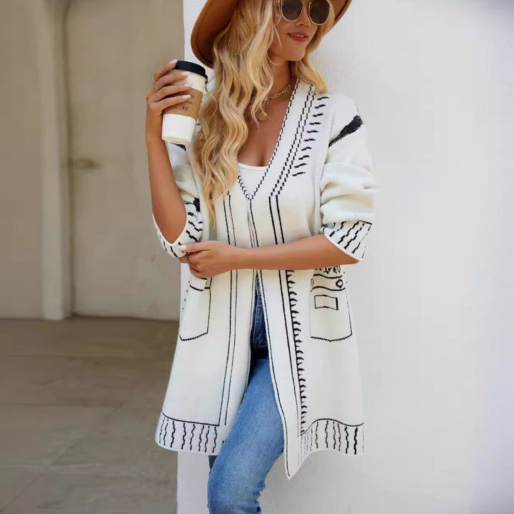 Damen elegante Strickjacke mit tiefem V-Ausschnitt und dekorativen Nähten Drune