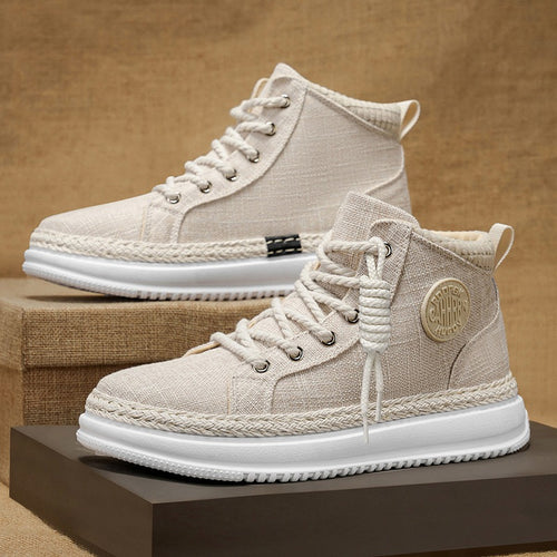 Damen hohe Freizeit‑Sneaker mit meliertem Textilobermaterial, geflochtener Jute‑Zierkante und gedämpfter Plateau‑Sohle Drune