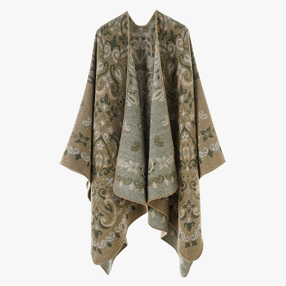 Damen Reversibler Ornamentaler Capeponcho mit feiner Jacquardstruktur Drune