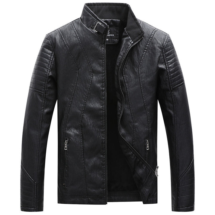 Herren schlankes Kunstleder-Bikerblouson mit Stehkragen, Ziersteppungen und Reißverschlusstaschen Drune