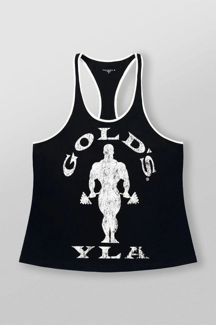 Herren nan athletisches Stringer Tanktop rückenfreier Schnitt mit Kontrastpaspel und Kraftsportmotiv Drune