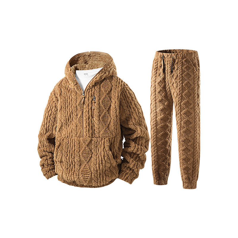 Damen Kuschel-Set aus Kapuzen-Halbzip-Pullover und Jogginghose in Kabelstrick-Fleece Drune