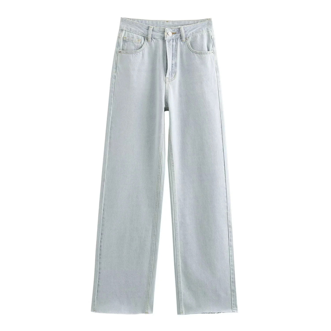 Damen nan hochgeschnittene weite Denimjeans mit geradem Bein und Fransensaum Drune