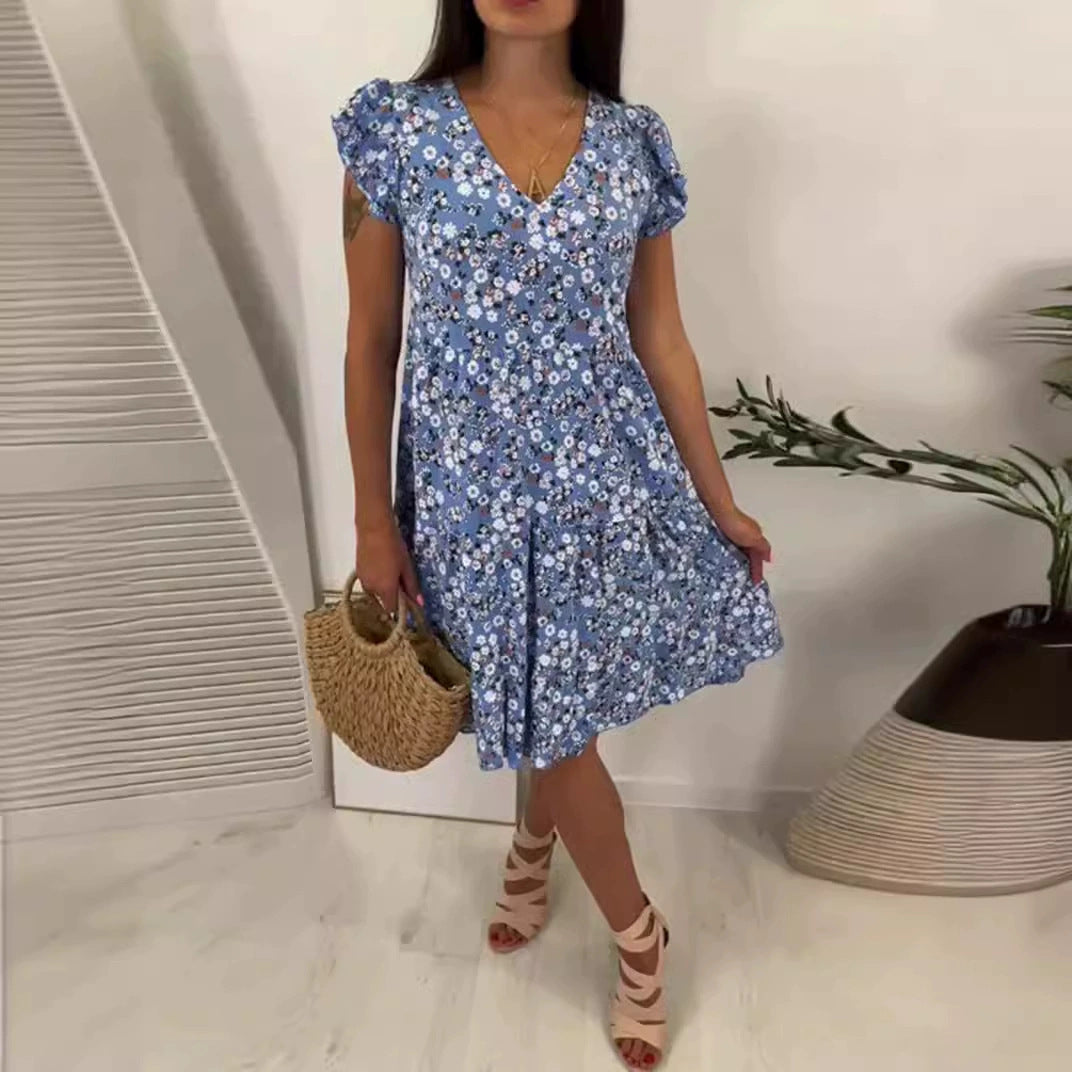 Damen nan V-Ausschnitt Kleid mit geraffter Taillennaht, kurzen Volantärmeln und stufigem Rock Drune