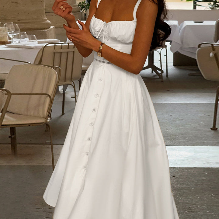 Damen langes Sommerkleid mit tailliertem Oberteil und eleganten Knopfdetails Drune