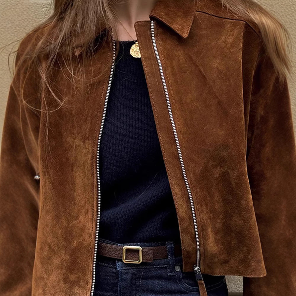 Damen modische kurz geschnittene Lederjacke mit geschmeidiger Textur Drune