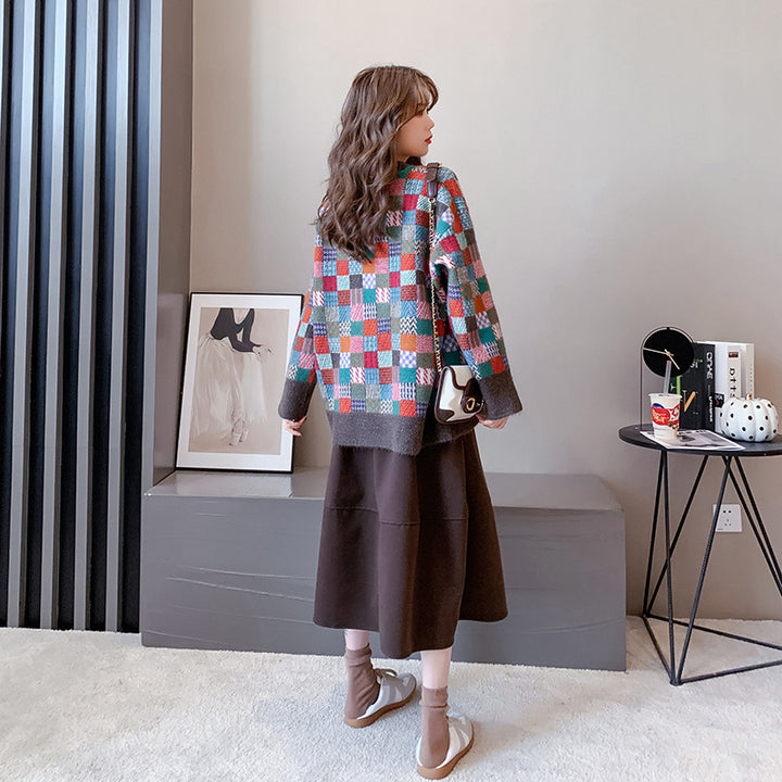 Damen Modischer Pullover mit Karomuster und lässigem Schnitt Drune