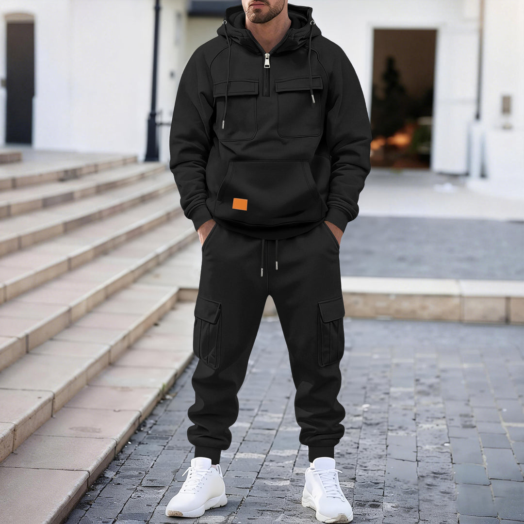 Herren technischer Oversize-Hoodie mit Halbzip, Kapuze, Kängurutasche und aufgesetzten Utility-Taschen Drune