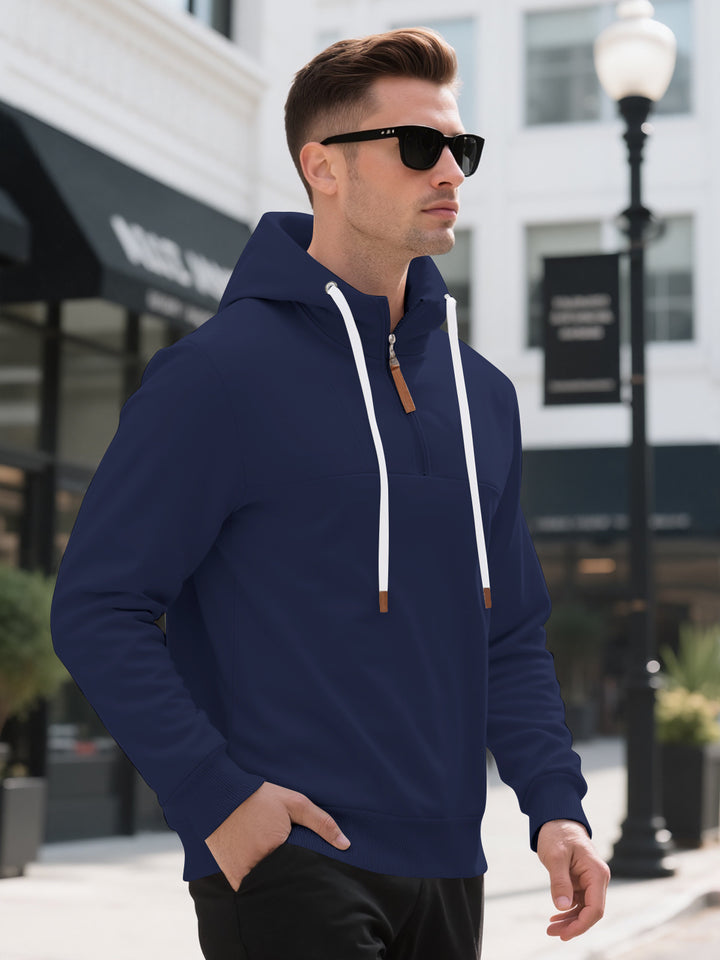 Herren Halbzip-Kapuzenpullover mit Stehkragen, Kordelzug und Lederdetails Drune