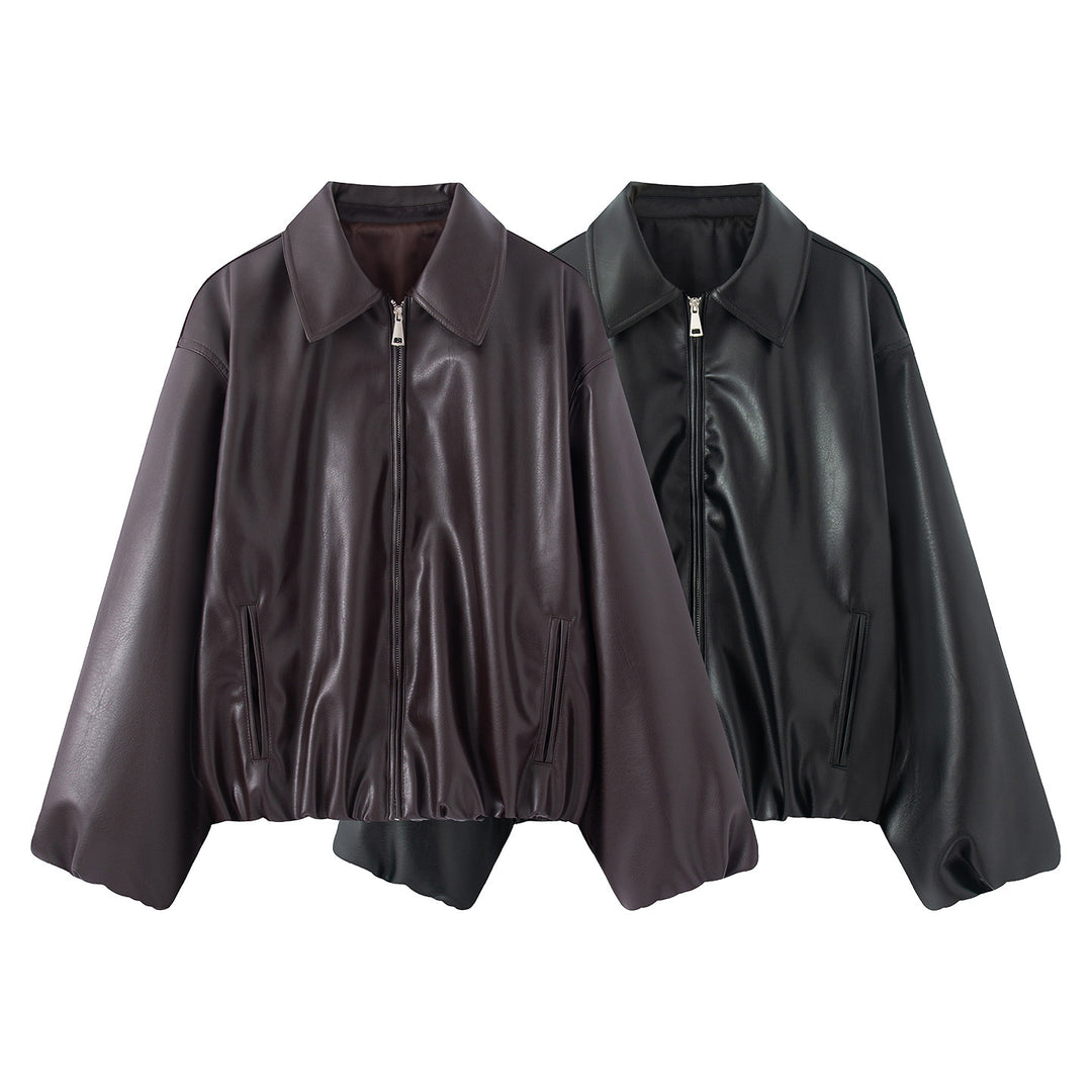 Damen nan kastiger Oversized Kunstlederblouson mit Hemdkragen, verdecktem Reißverschluss, verdeckten Leisten- taschen und elastischem Saum Drune