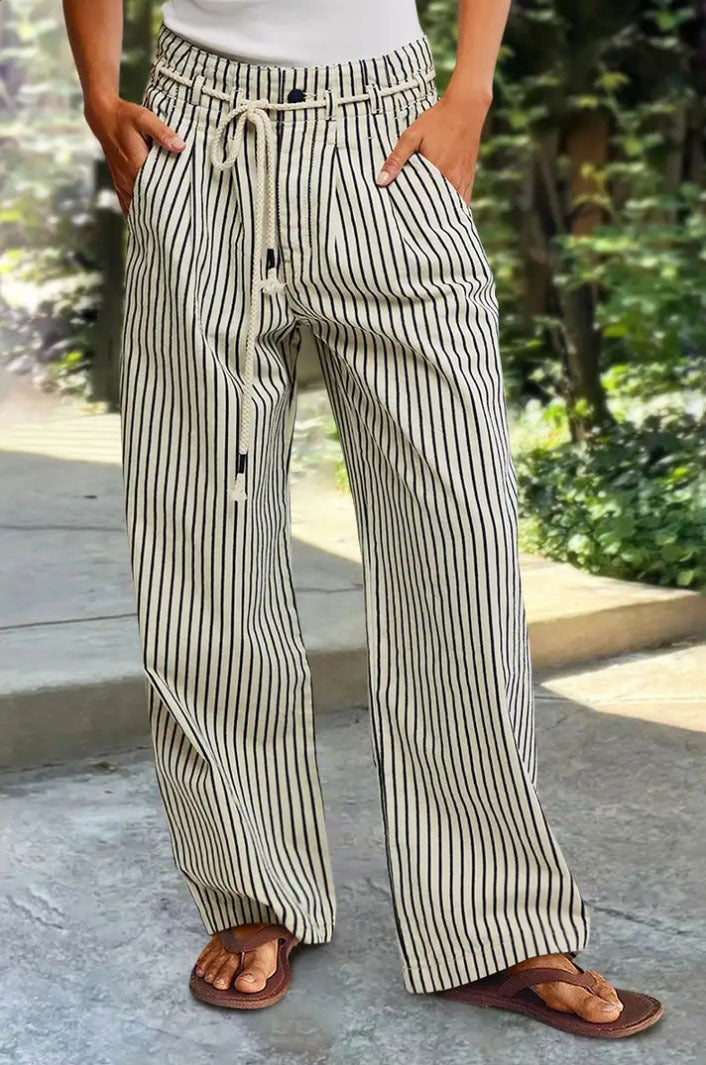 Damen Leichte Leinenoptik Palazzo‑Hose mit Gummibund, Kordelzug und senkrechtem Streifenmuster Drune